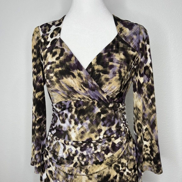 LAUREN Ralph Lauren Brown & Purple Leopard V-Neck 3/4 Sleeve Ruched Dress Sz 10 - Picture 2 of 11